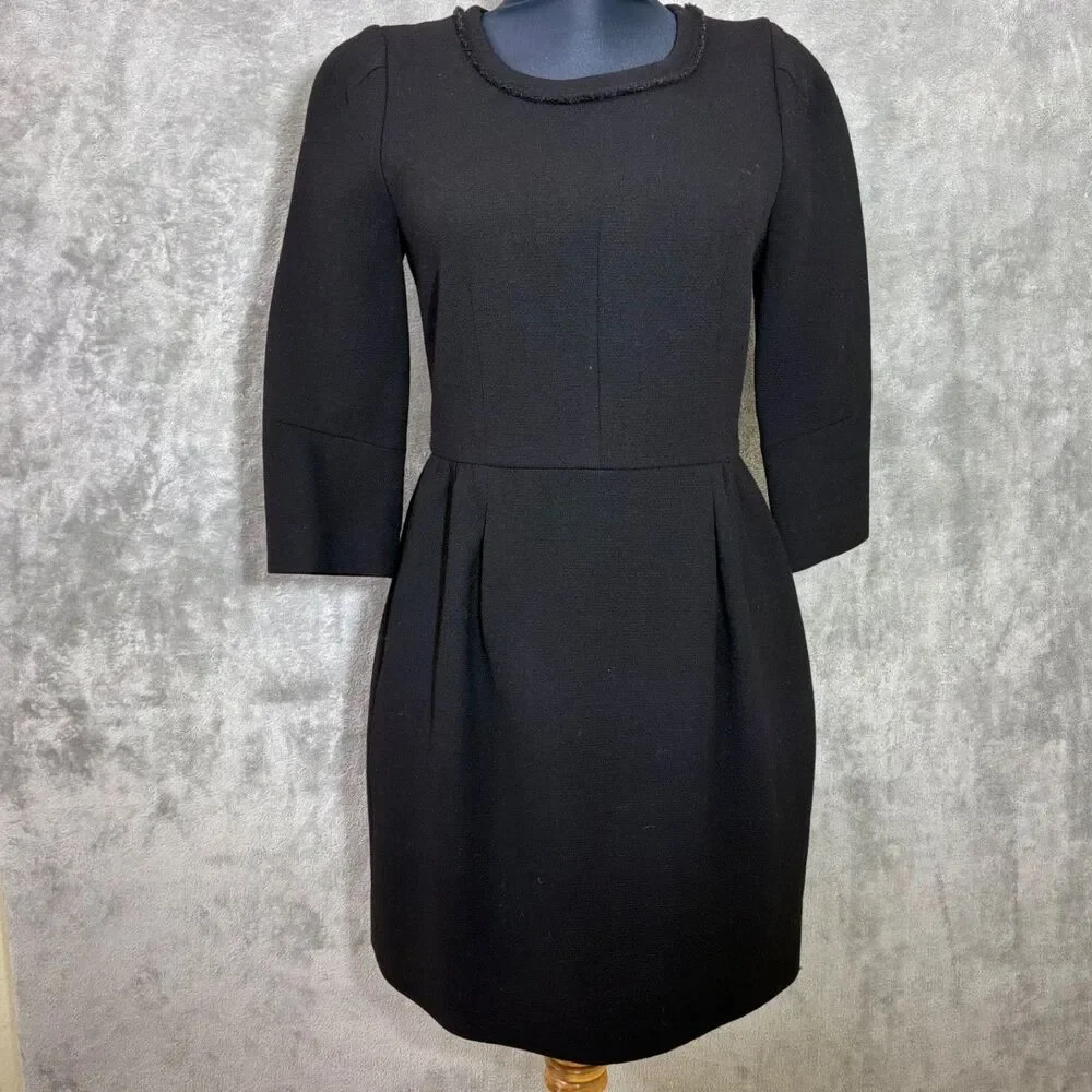 J Crew Petite black wool sleeve sheath dress size 4P exposed zipper back Lined